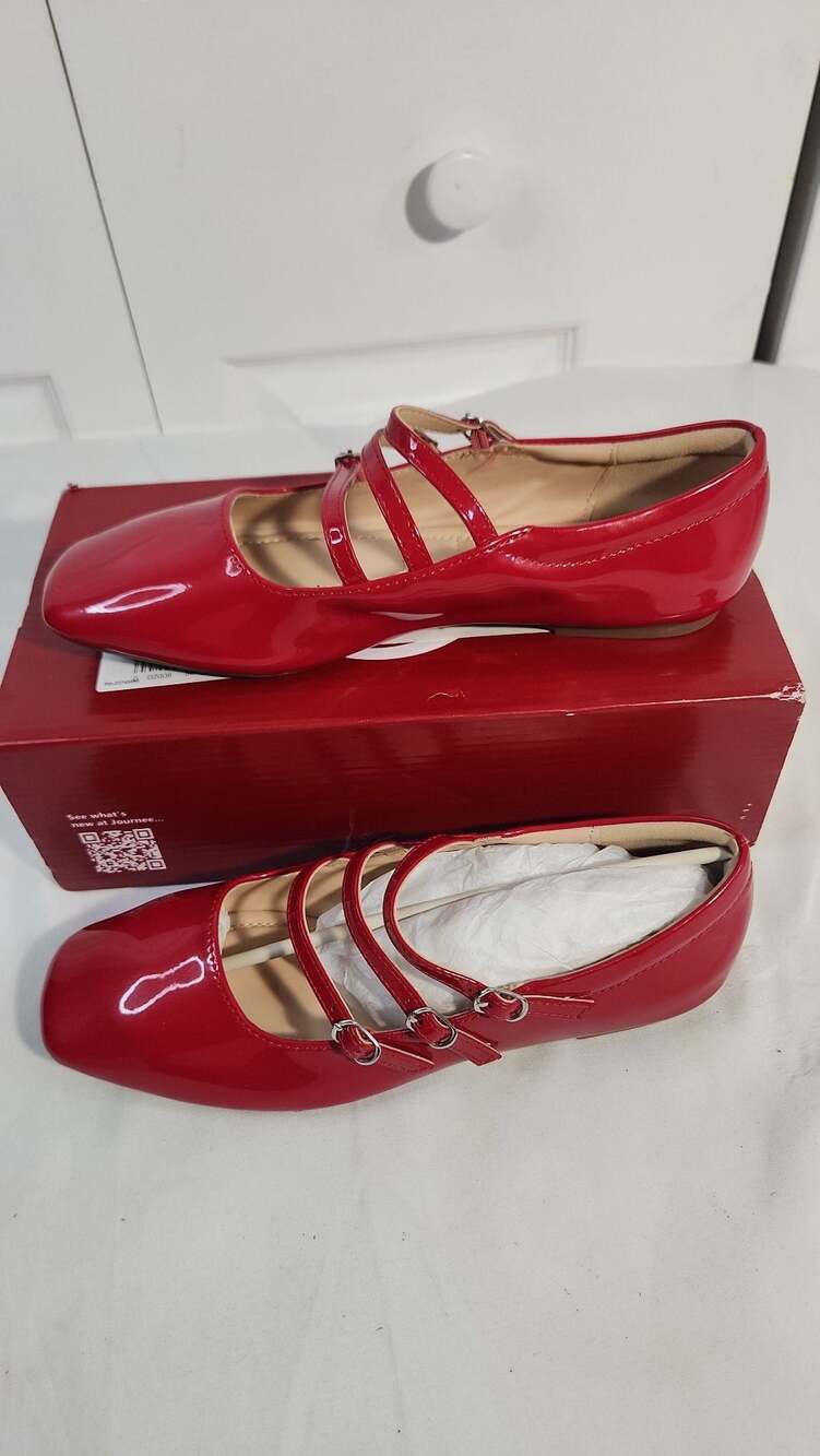 Journee Collection Darlin Red Patent Multi Strap Mary Jane Flats Size 7.5